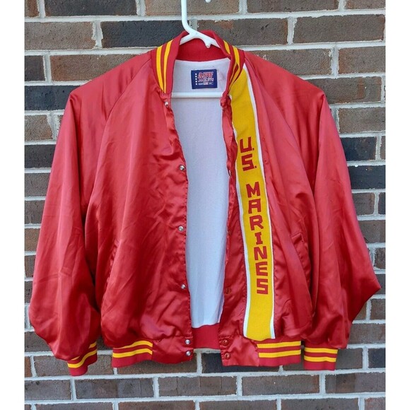 Vintage US Marines Satin Bomber Jacket XL Mens Varsity Military Snap USA - Picture 2 of 5